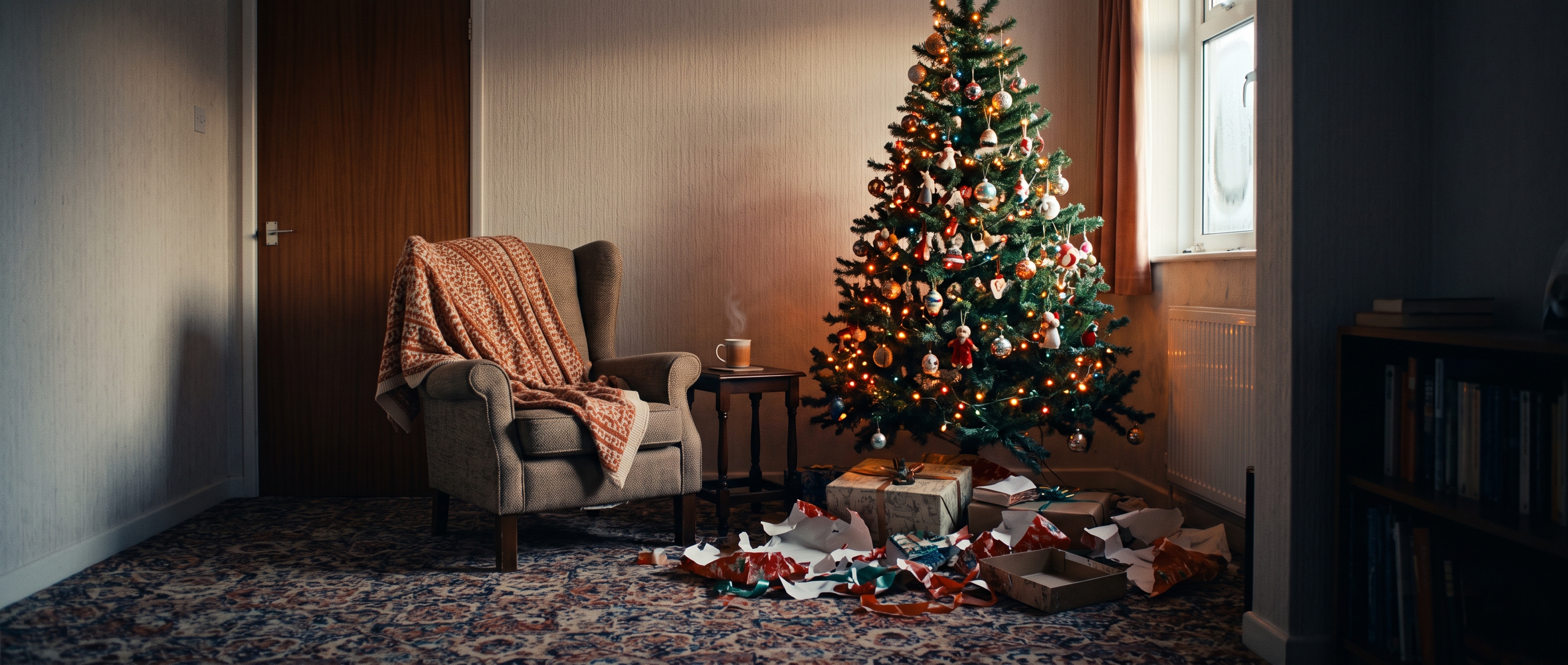 An empty living room on Christmas morning in an early-1990s home, with a lit tree, opened presents and torn wrapping paper on the carpet, and a mug of tea beside a worn armchair.