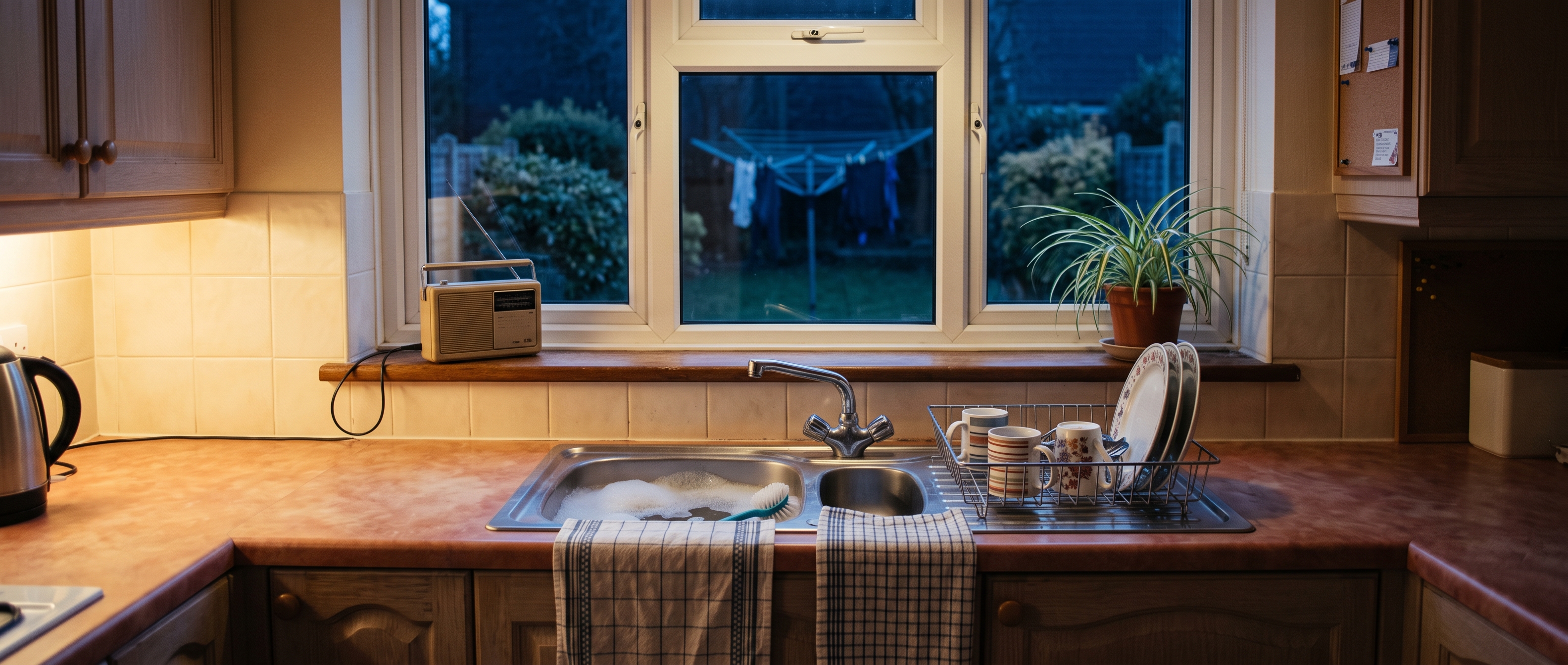 A kitchen sink at dusk in an early-1990s home, with dishes in the draining rack, two tea towels side by side and a small radio on the windowsill.