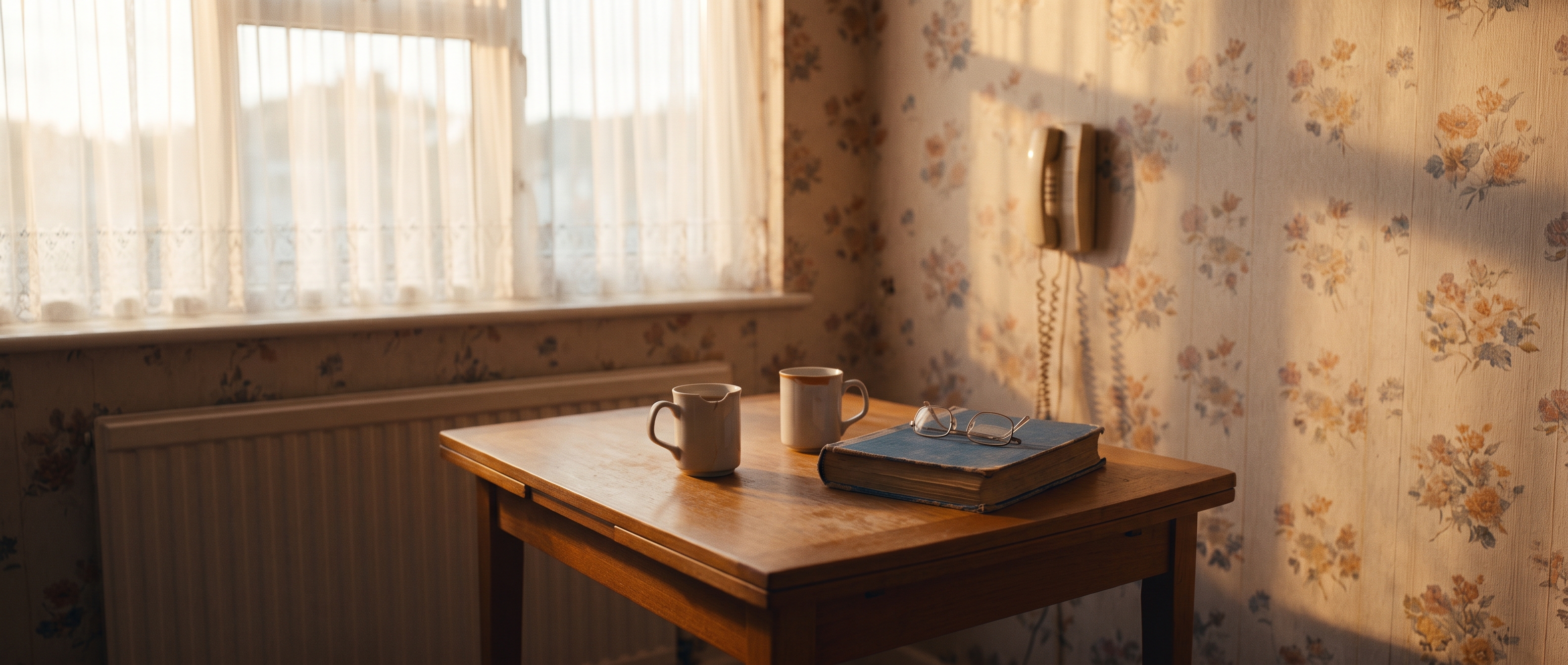 An empty kitchen table in a cosy 1980s home at golden hour, with two mugs of tea, a closed photo album and a pair of reading glasses, and a corded phone on the wall behind.