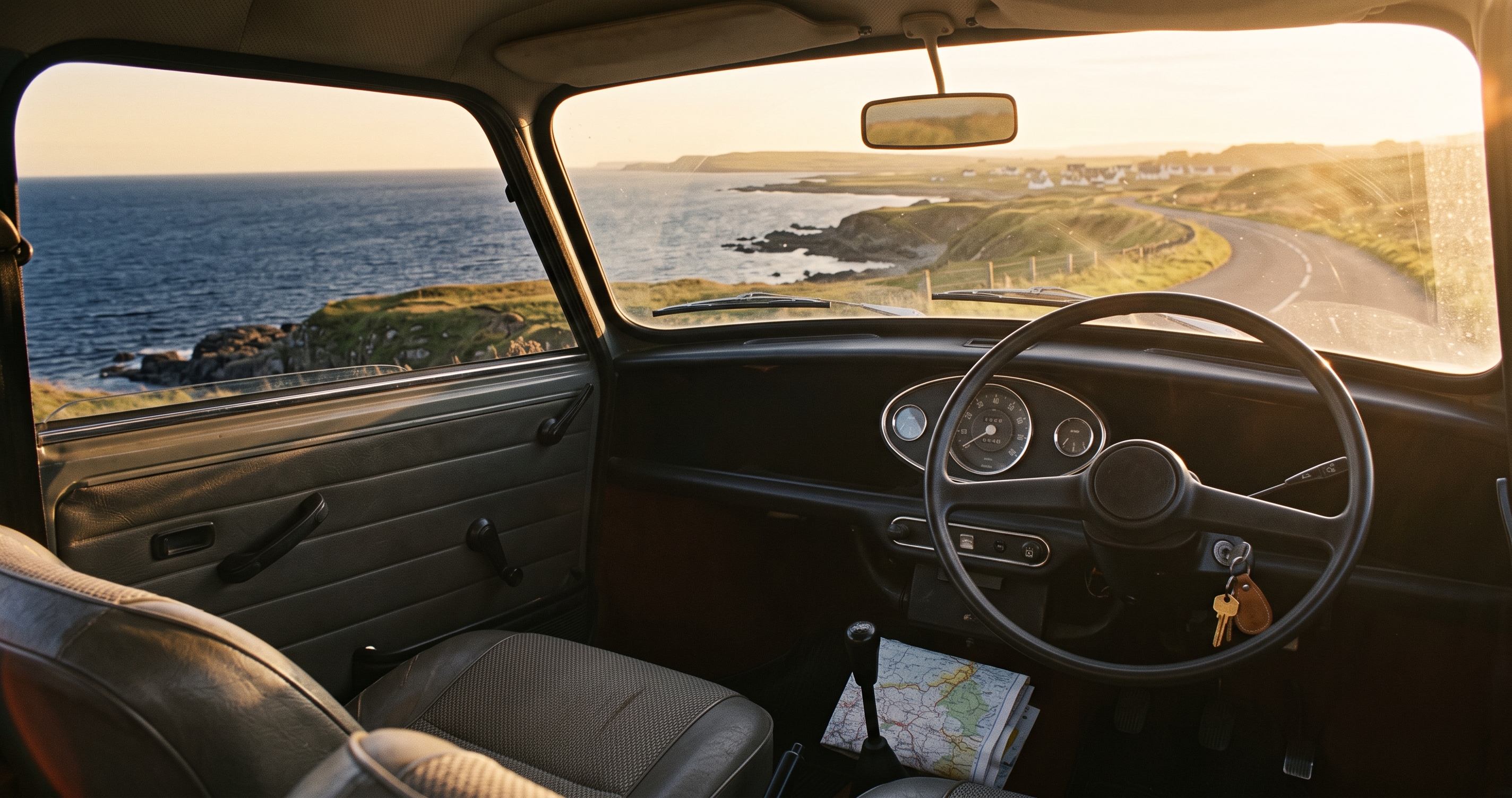 The view from the driver's seat of an empty 1970s car at golden hour, with keys in the ignition and a coastal road stretching ahead.