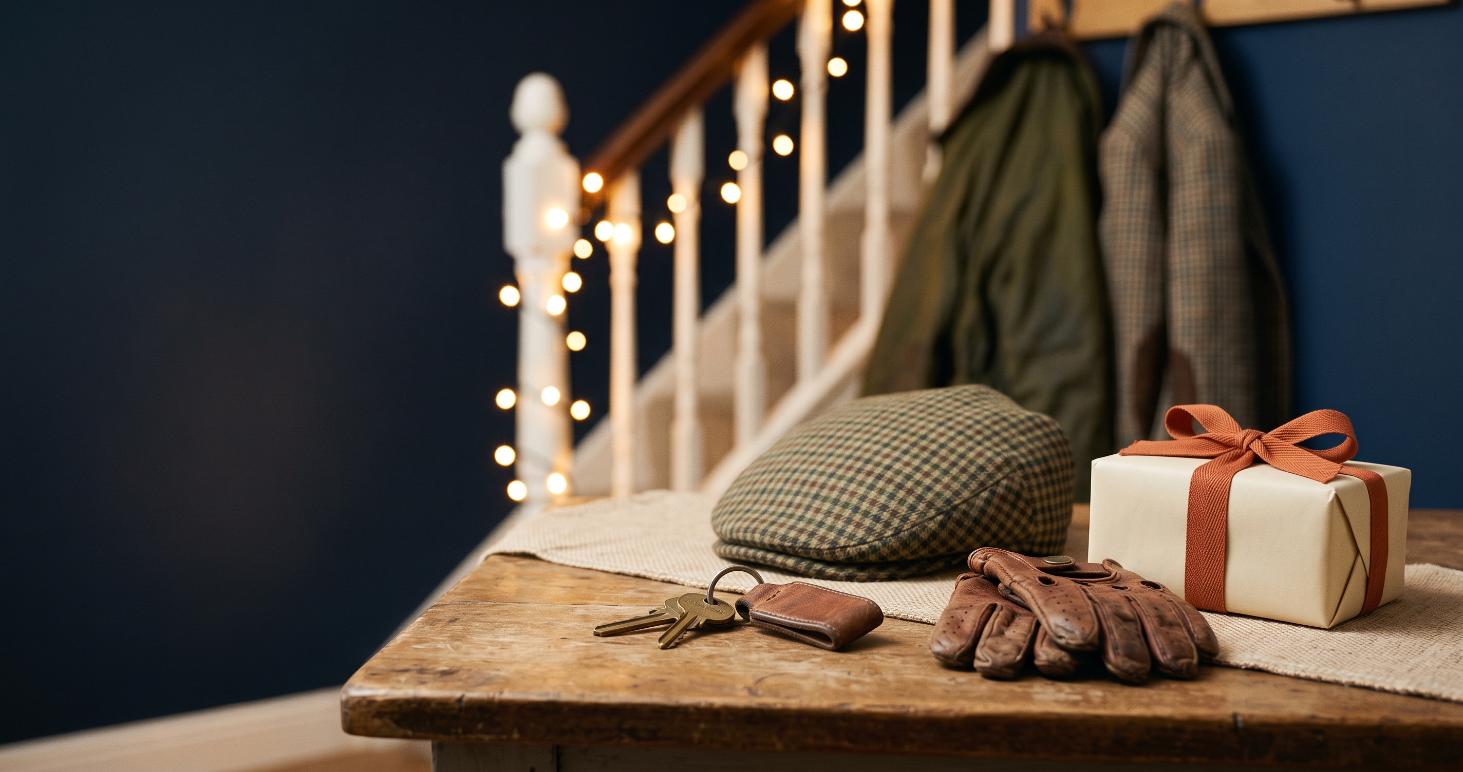 A hallway table at Christmas with old car keys, a flat cap, leather driving gloves and a small present in cream paper and a terracotta ribbon, with fairy lights behind.