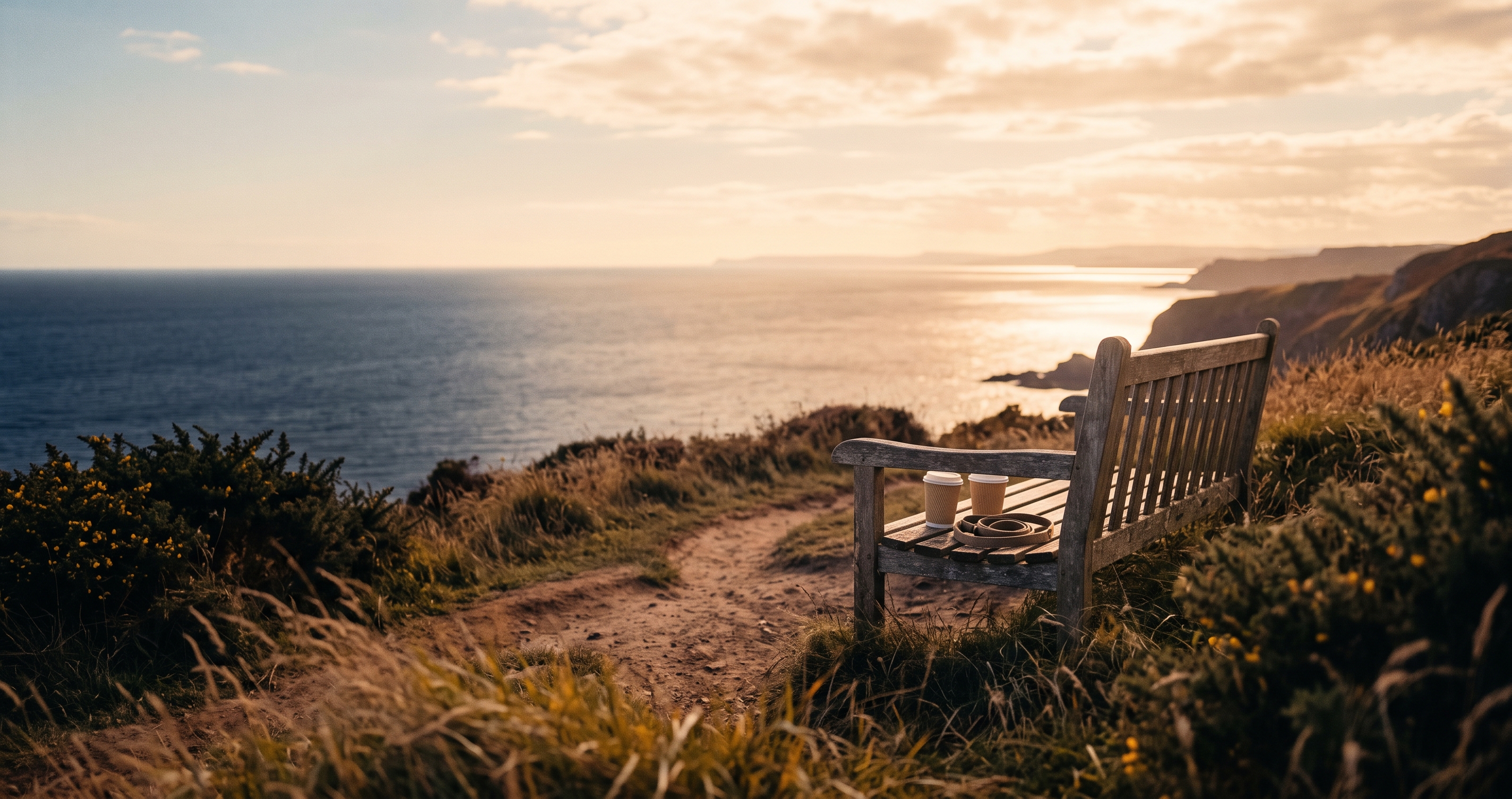 An empty bench on a clifftop path at golden hour, with two cups of tea side by side and a dog lead, overlooking a calm sea.