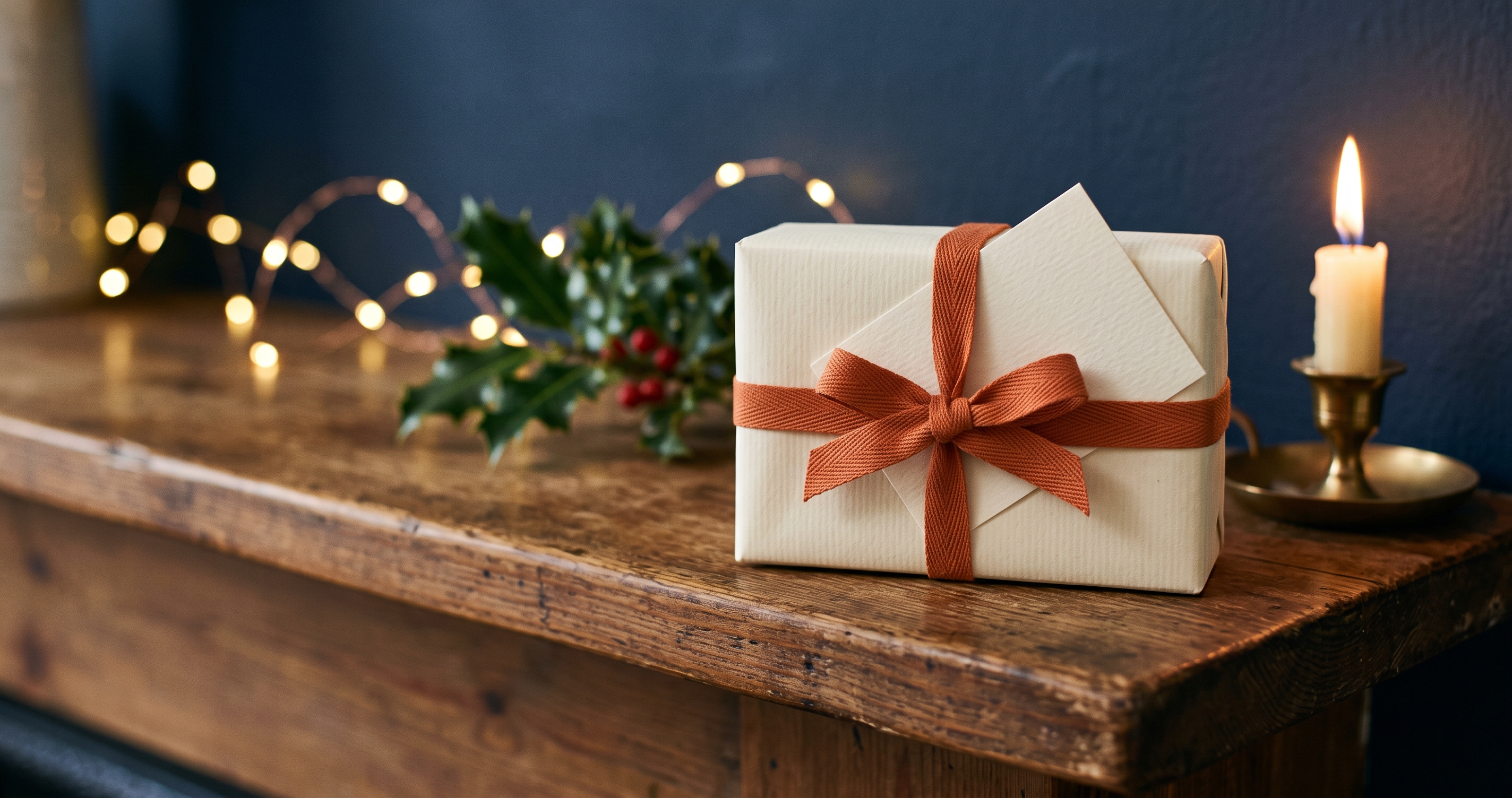 A small present wrapped in cream paper and a terracotta ribbon on a mantelpiece, with fairy lights and holly glowing softly behind.