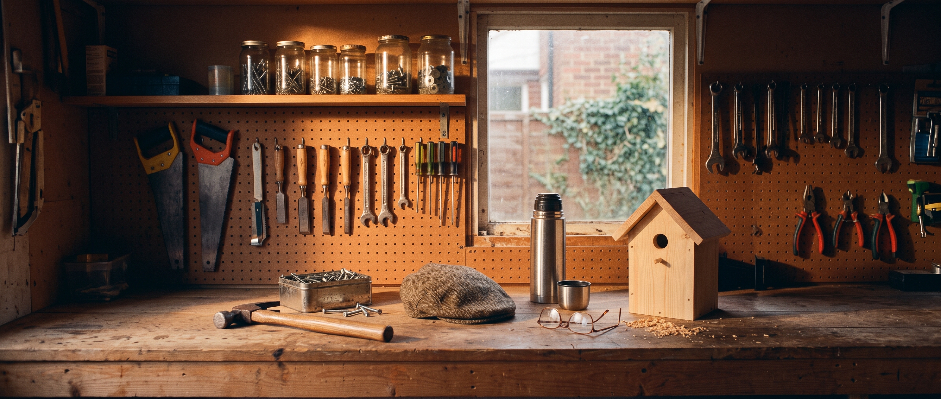 An empty garden shed workbench in golden-hour light, with a hammer, a tin of screws, a flat cap, a flask, reading glasses and a half-built birdhouse in front of neatly hung tools.